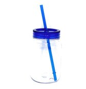 Wholesale - 20oz Blue Clear Plastic Mason Jar Mug with Straw